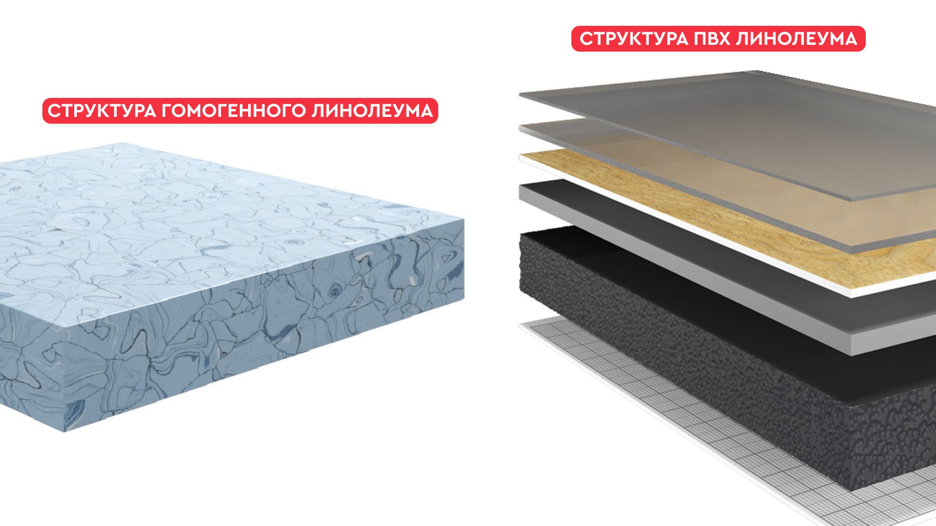 Разница в структуре гомогенного и гетерогенного ПВХ линолеума
